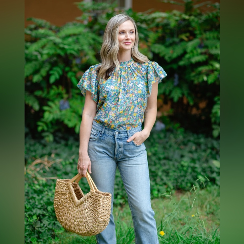 Trovata Meadow Floral Flutter Sleeve Top in Green and Yellow